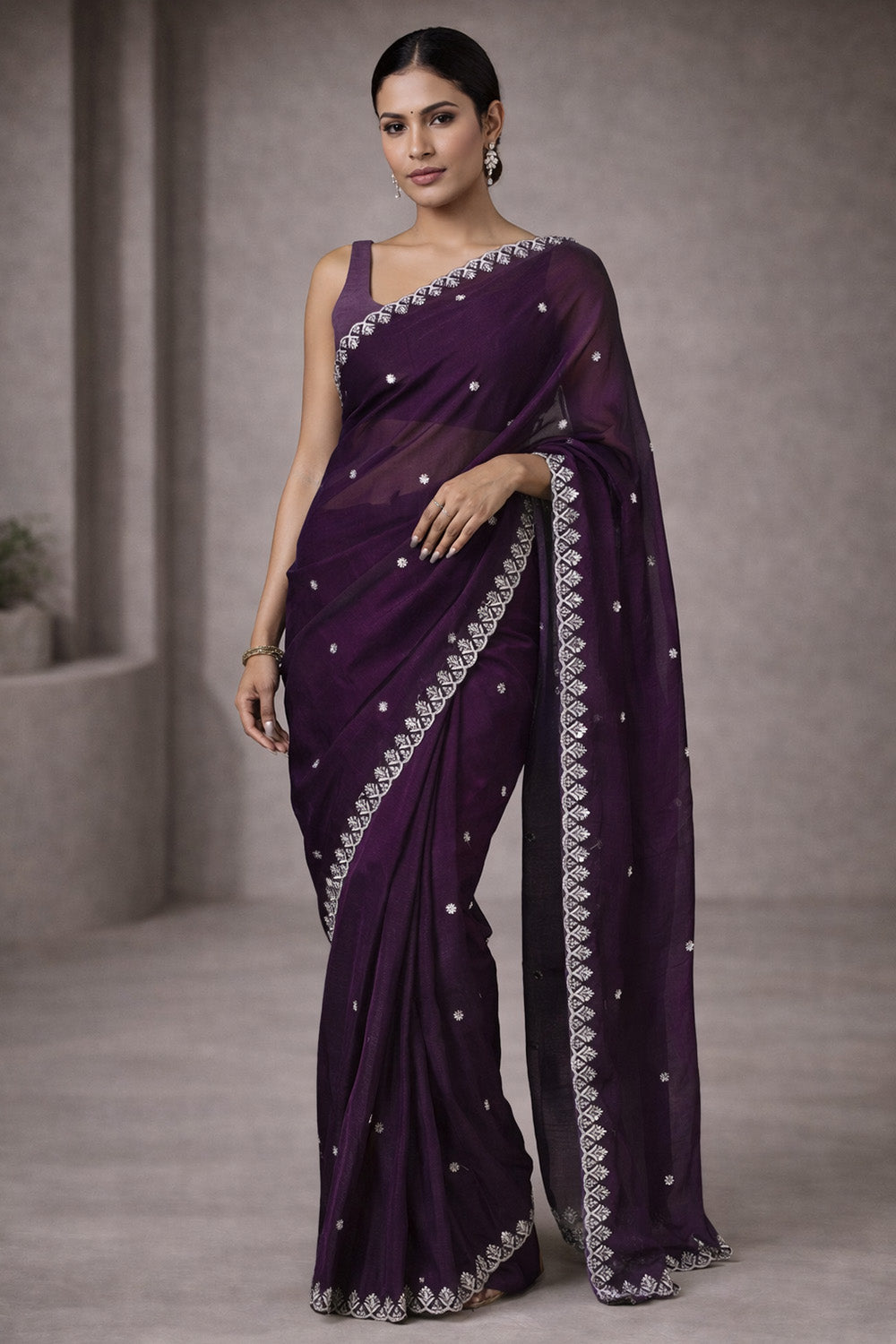 Buy Kesari Purple Paper Silk Embroidered Ready to Wear One Minute Saree ...
