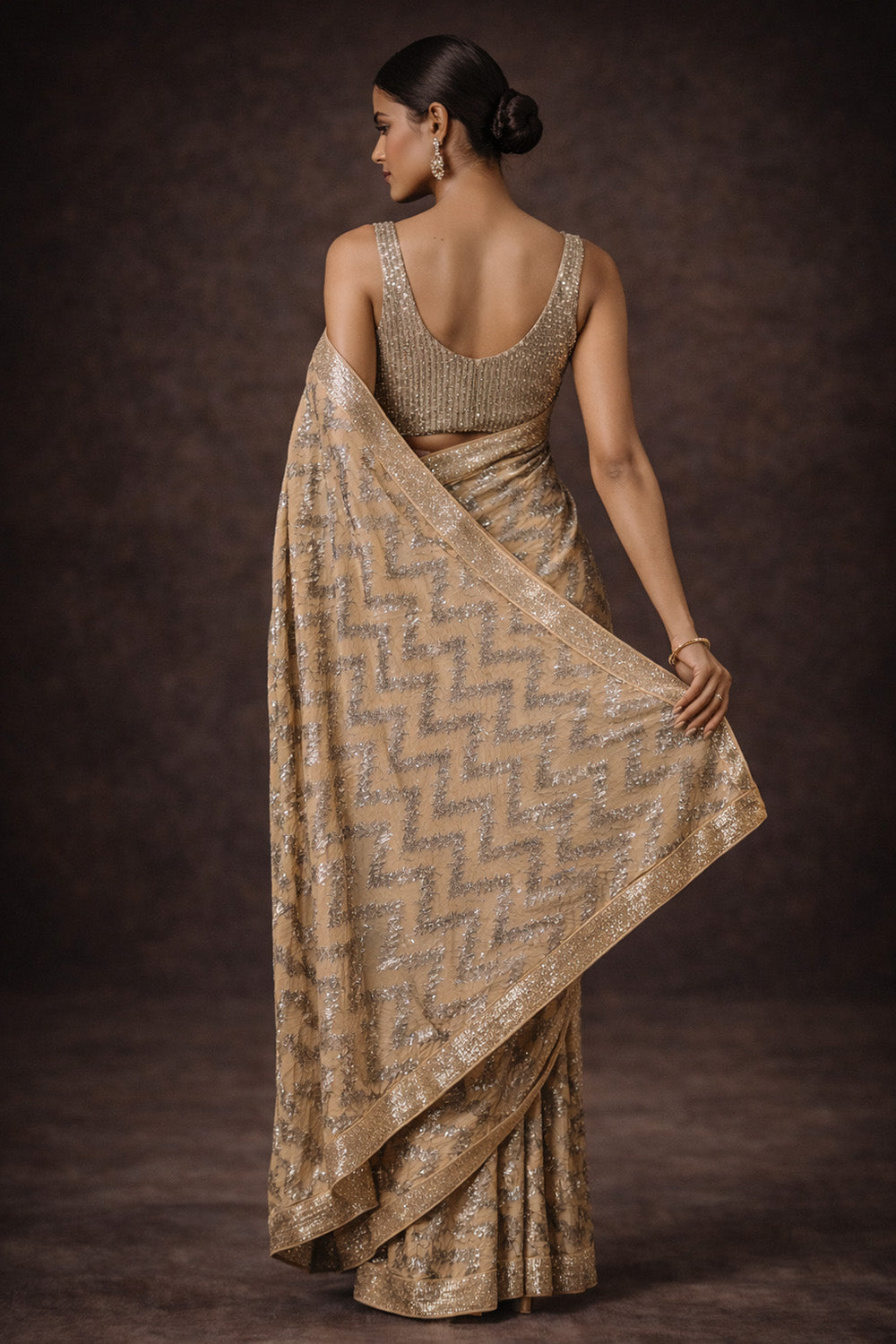 Mahika Beige Georgette Abstract Sequins Pattern Ready To Wear Saree