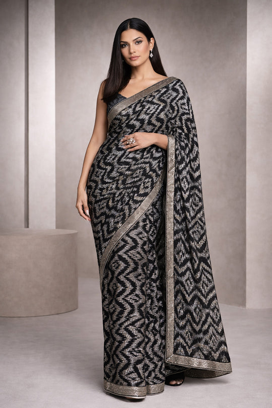Ishana Black Georgette Abstract Sequins Pattern Ready To Wear Saree