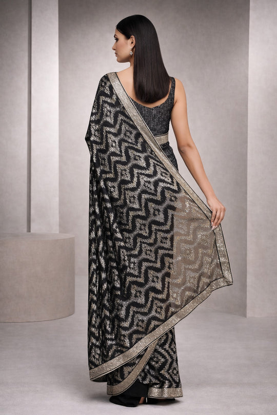 Ishana Black Georgette Abstract Sequins Pattern Ready To Wear Saree