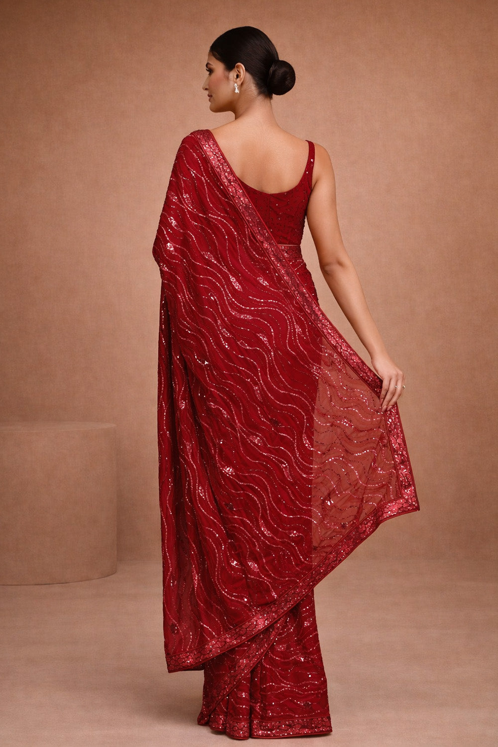 Mana Red Georgette Sequin Ready To Wear Saree