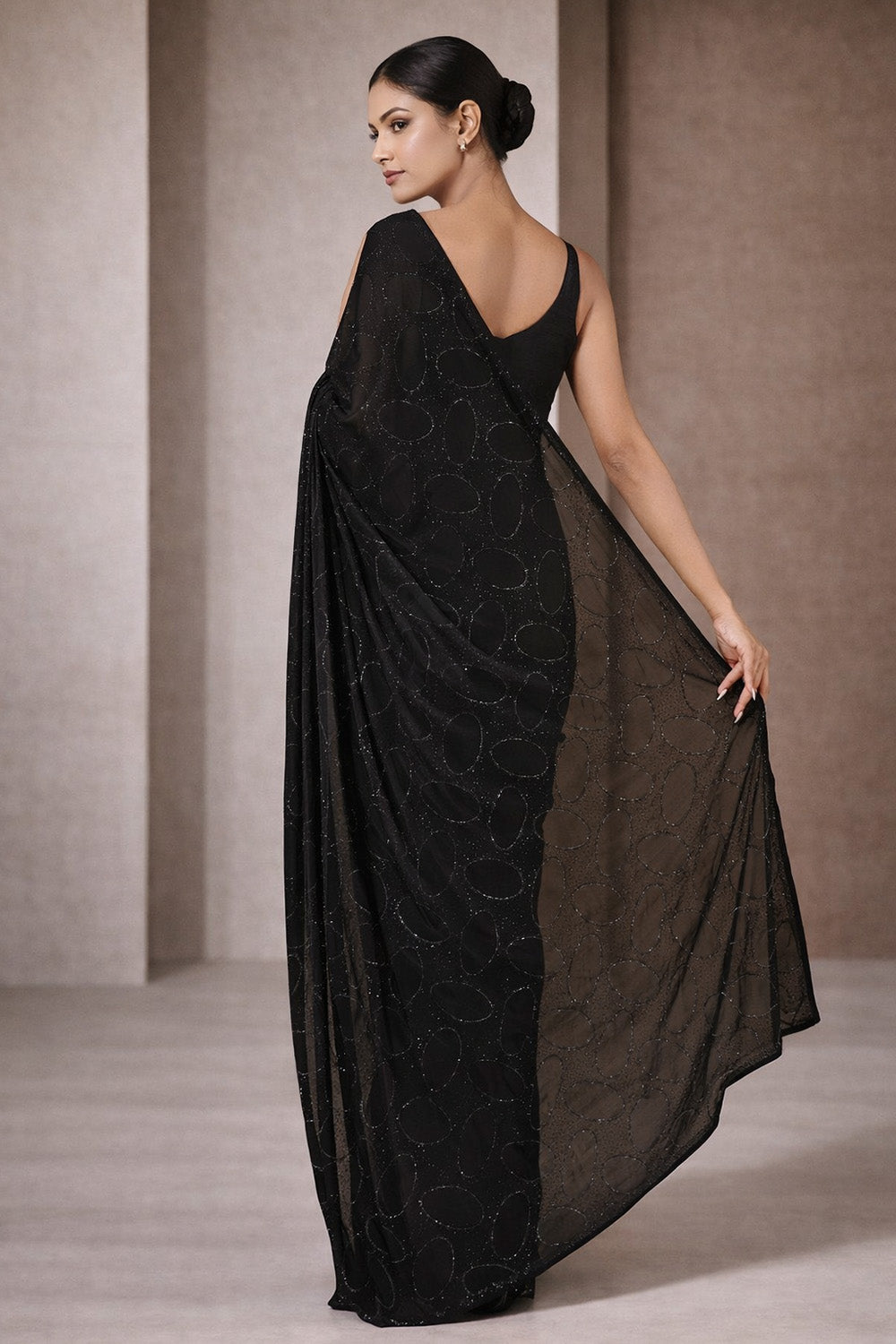 Aleena Black Swarovski Satin Silk Ready To Wear Saree