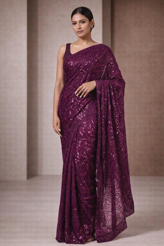 Nyris Magenta Georgette Sequins One Minute Saree