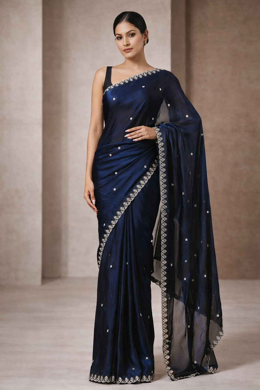 Buy Mira Navy Blue Paper Silk Embroidered Ready to Wear One Minute ...