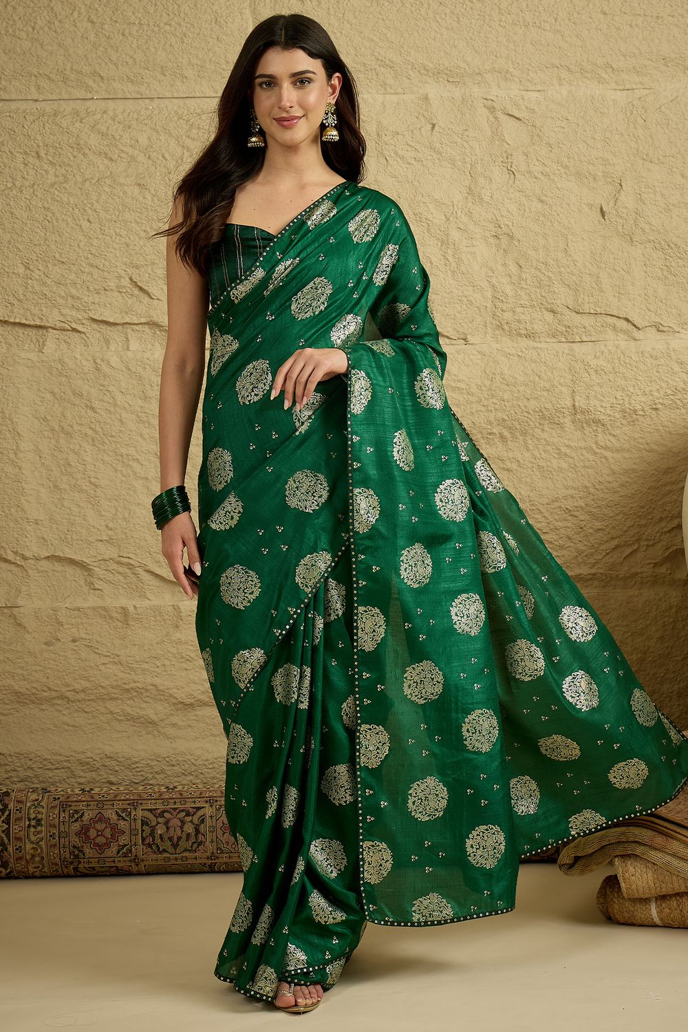 Ivy Green Georgette Floral Woven Ready to Wear Saree