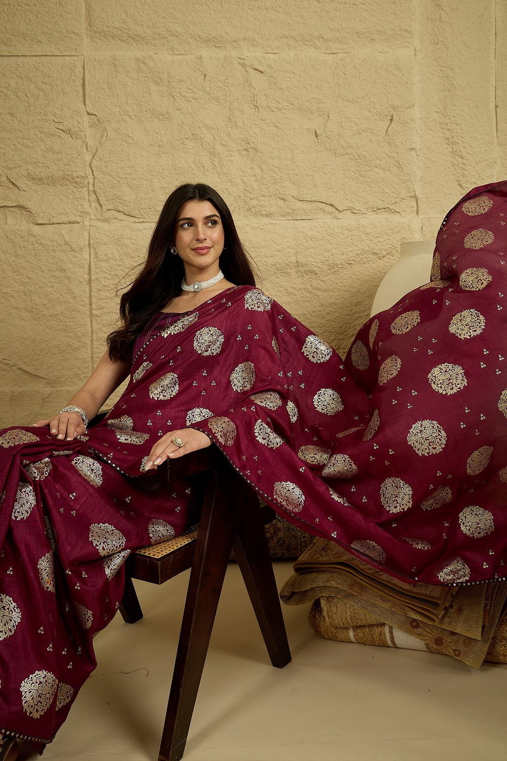 Ivy Wine Georgette Floral Woven Ready to Wear Saree