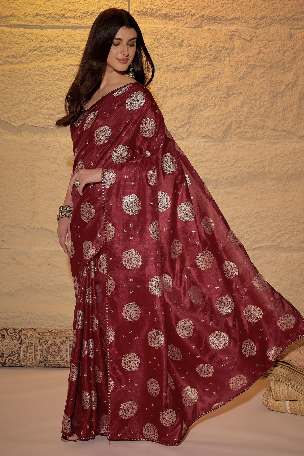 Ivy Maroon Georgette Floral Woven Ready to Wear Saree