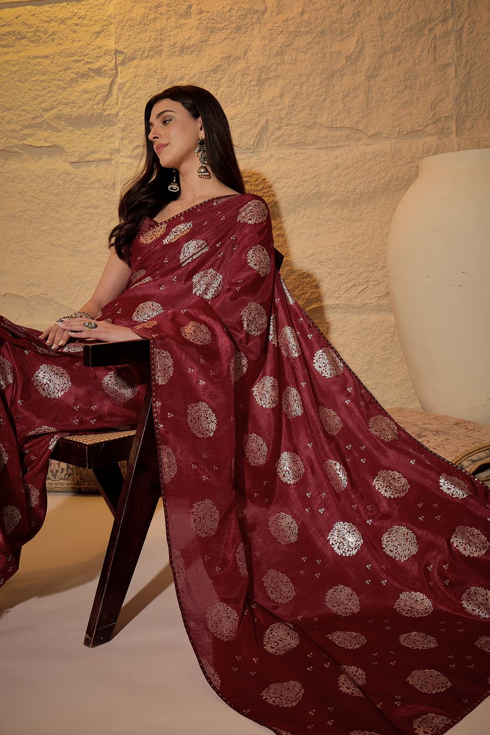 Ivy Maroon Georgette Floral Woven Ready to Wear Saree