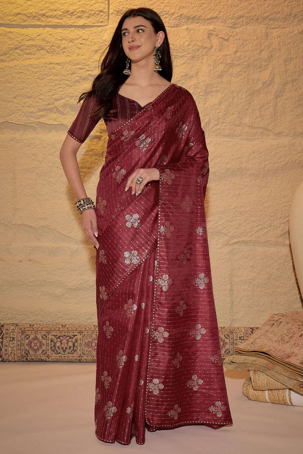 Aria Maroon Georgette Floral Woven Ready to Wear Saree