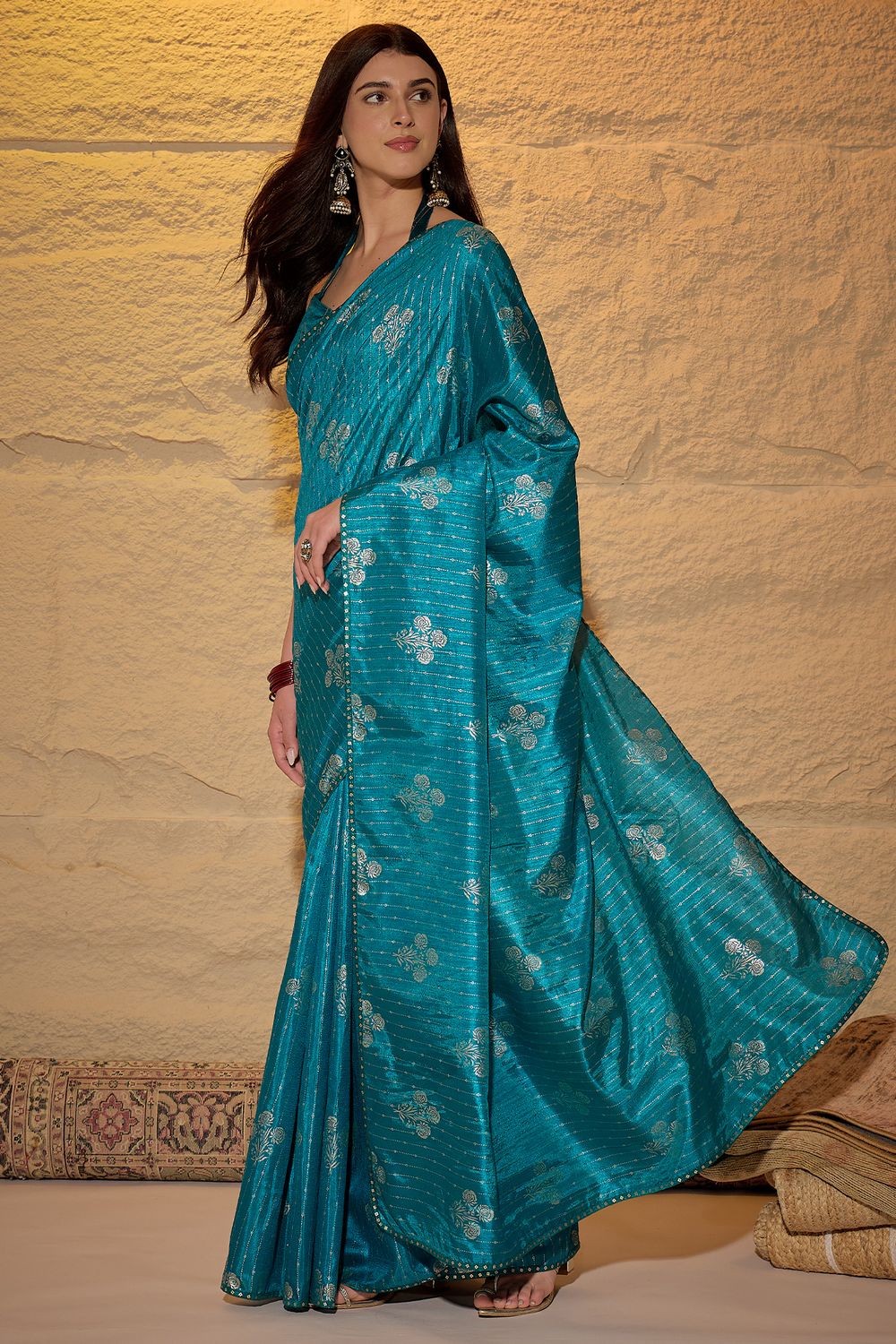 Aria Light Blue Georgette Floral Woven Ready to Wear Saree