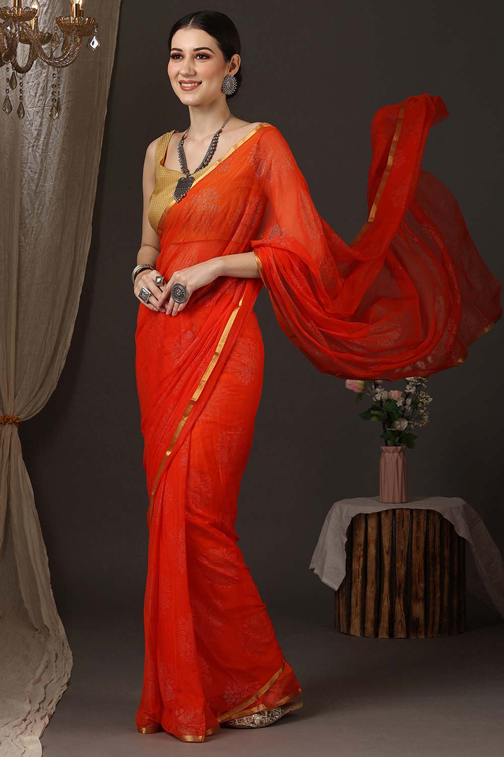 Dolly Orange Chiffon Lace One Minute Saree