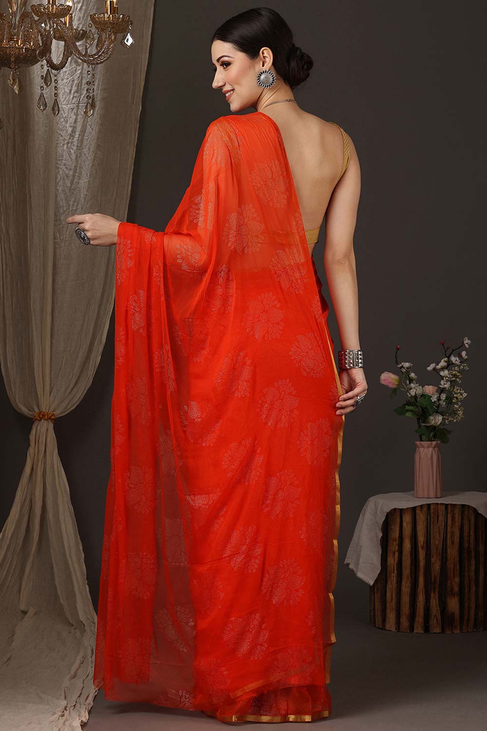 Dolly Orange Chiffon Lace One Minute Saree