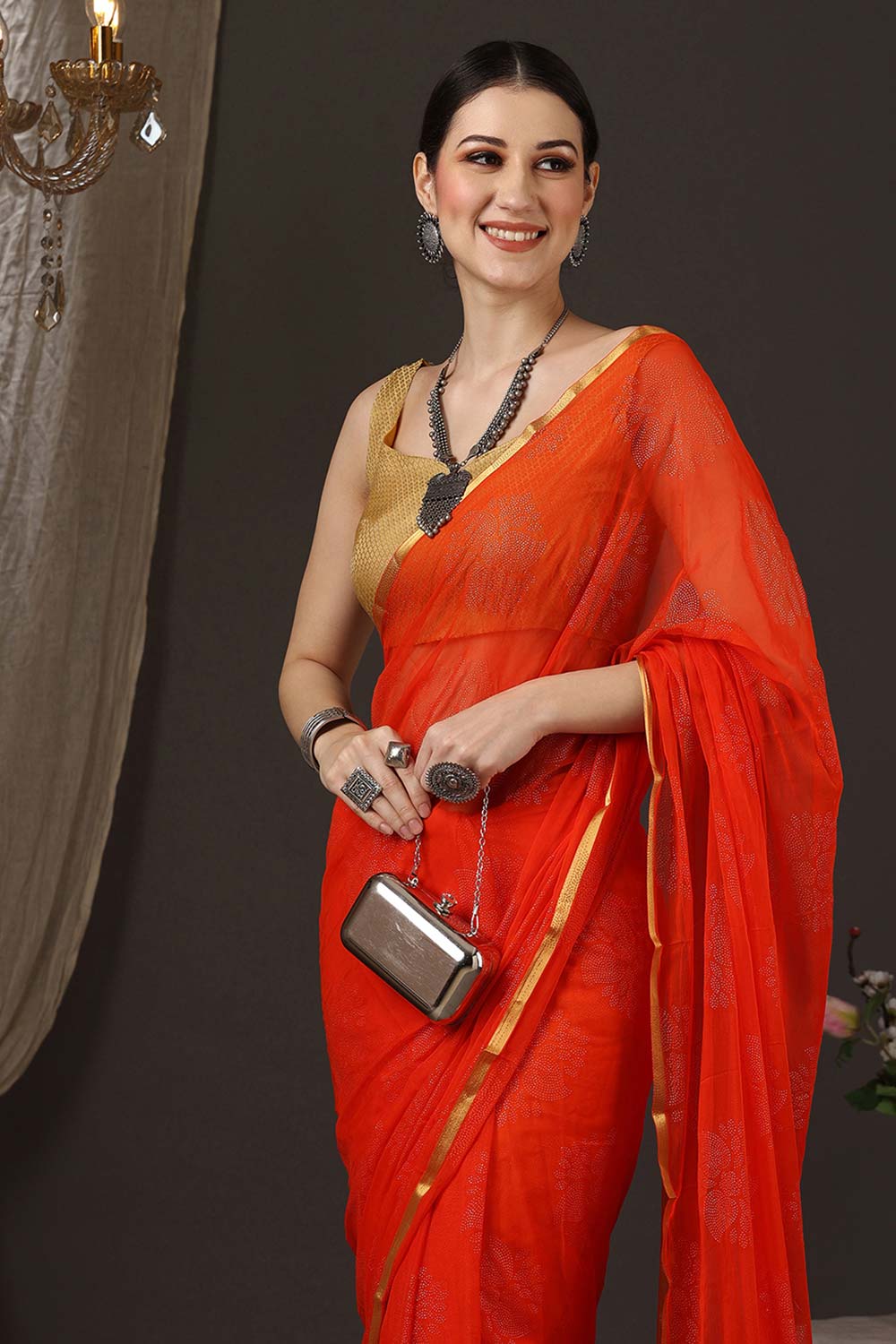 Dolly Orange Chiffon Lace One Minute Saree