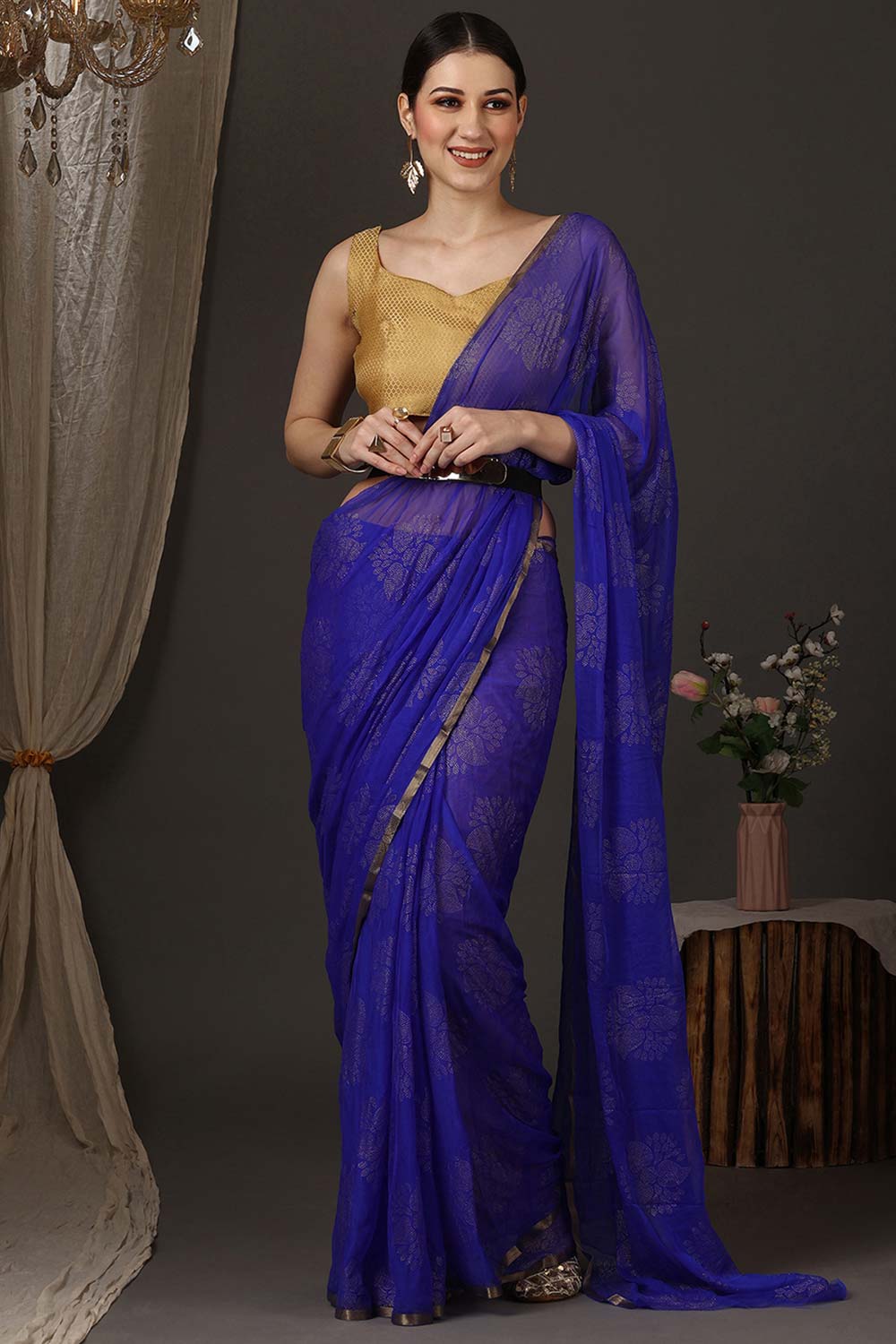 Dolly Blue Chiffon Lace One Minute Saree