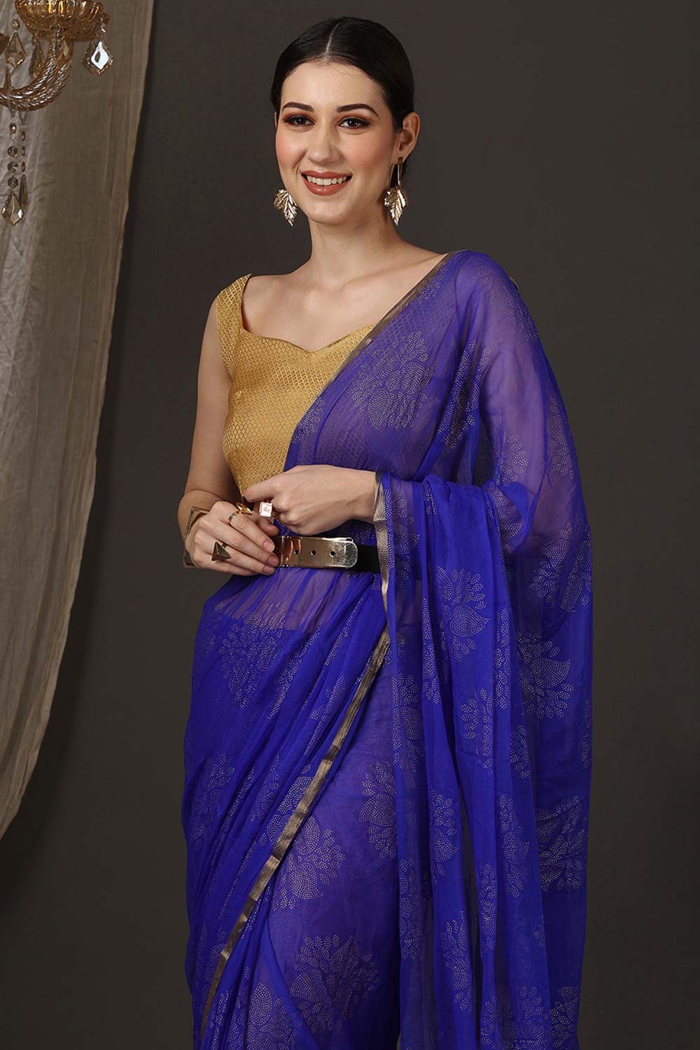 Dolly Blue Chiffon Lace One Minute Saree