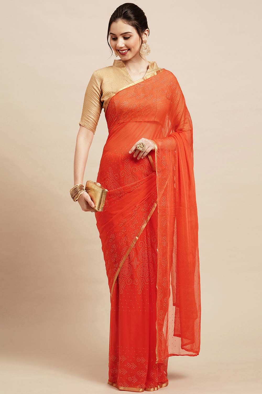 Deana Orange Chiffon Lace One Minute Saree