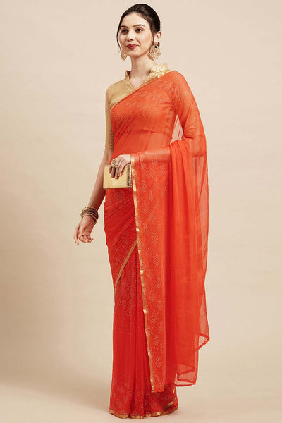 Deana Orange Chiffon Lace One Minute Saree