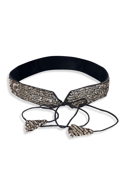 Zoya Antique Gold Sequins on Black Tie Belt for Saree & Dresses