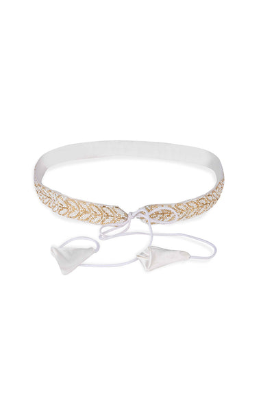 Athena White & Gold Beads Leaf Design Tie Belt for Saree & Dresses