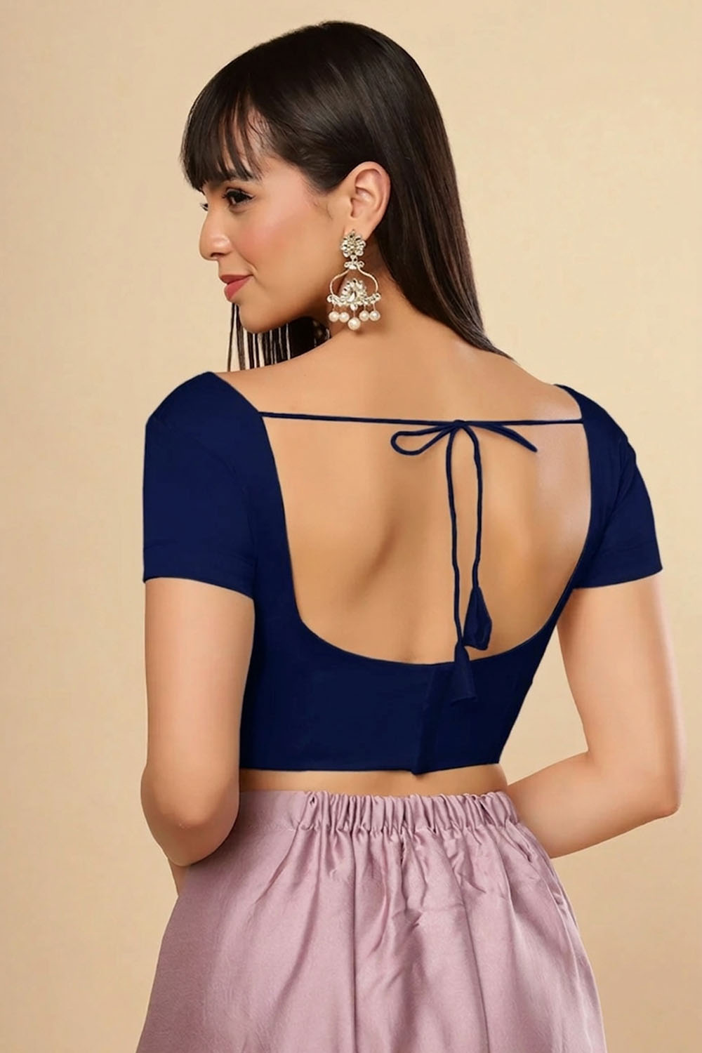 Deira Dark Blue Satin Comfort Stretch™ Sweetheart Neck Short Sleeve Saree Blouse