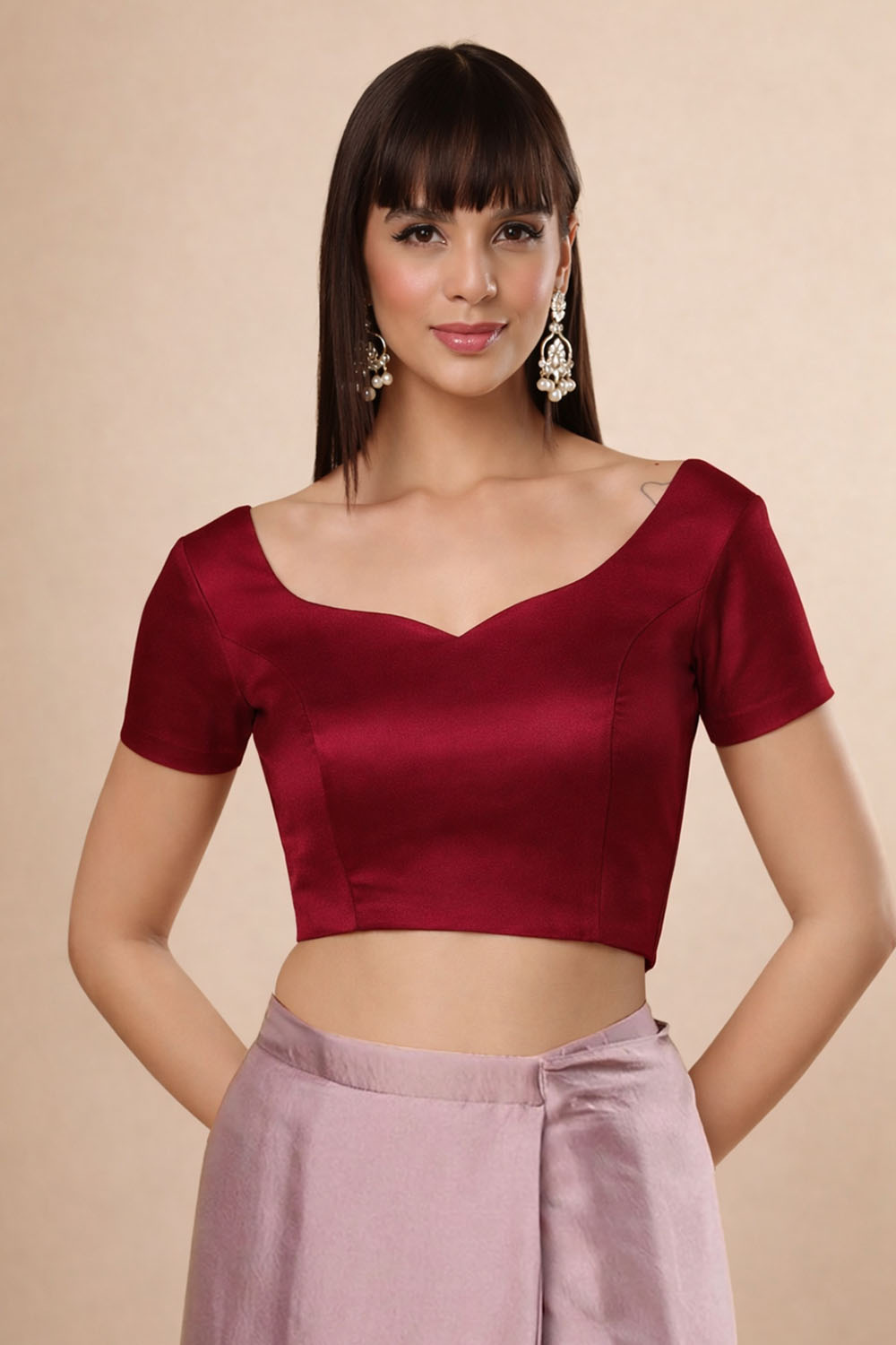 Deira Red Satin Comfort Stretch™ Sweetheart Neck Short Sleeve Saree Blouse