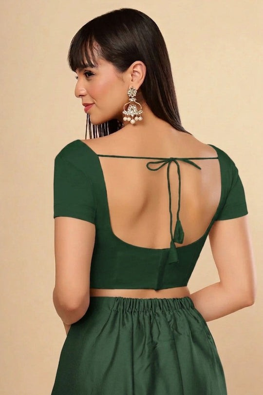 Deira Bottle Green Satin Comfort Stretch™ Sweetheart Neck Short Sleeve Saree Blouse