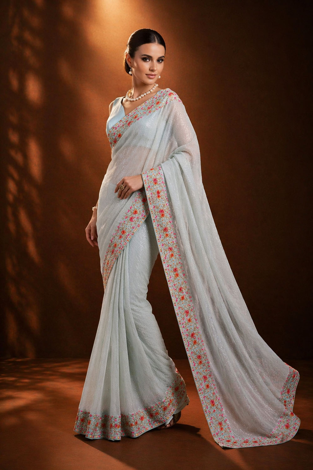 Sula Sky Blue Georgette Sequins Embroidered Ready to Wear Saree