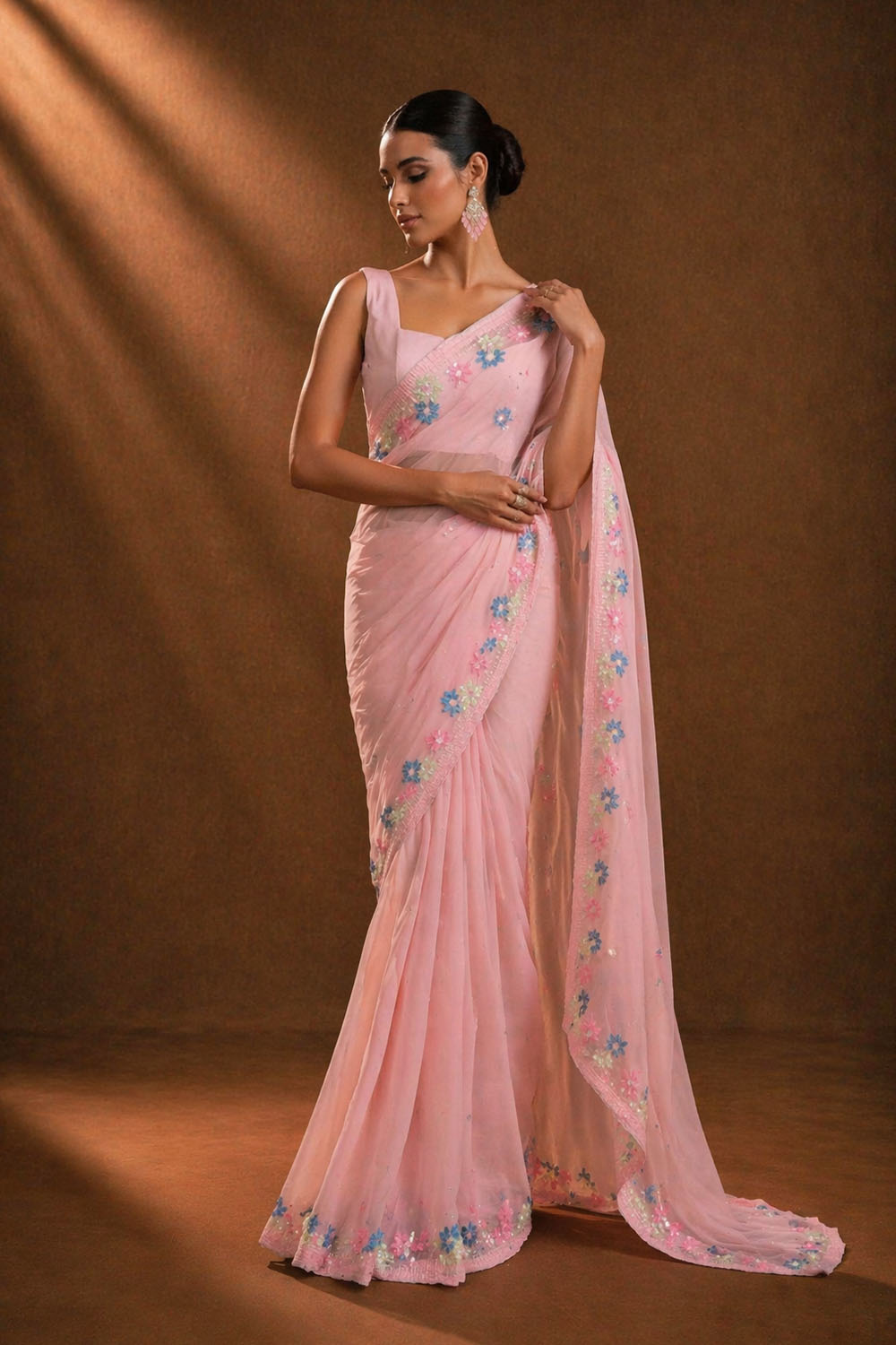 Peony Pink Georgette Floral Sequins Ready to Wear Saree