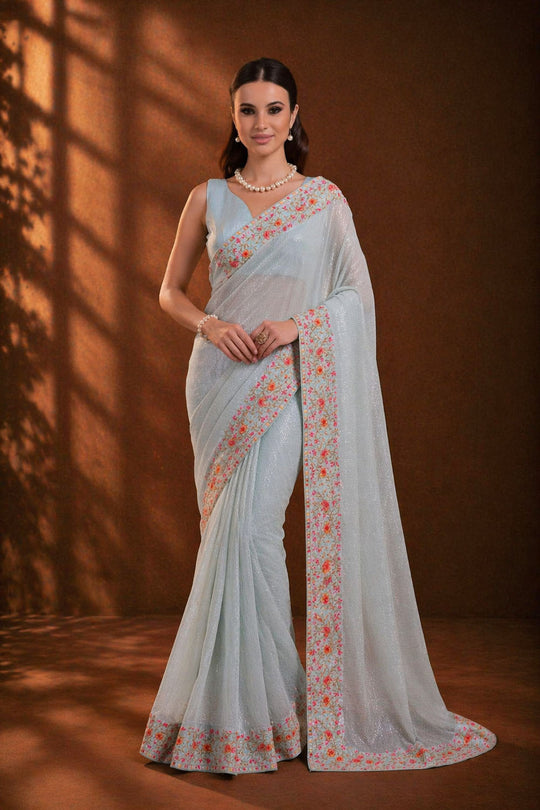 Sula Sky Blue Georgette Sequins Embroidered Ready to Wear Saree