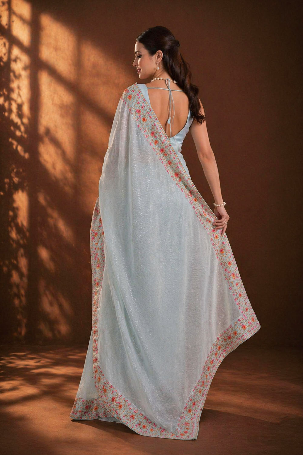Sula Sky Blue Georgette Sequins Embroidered Ready to Wear Saree