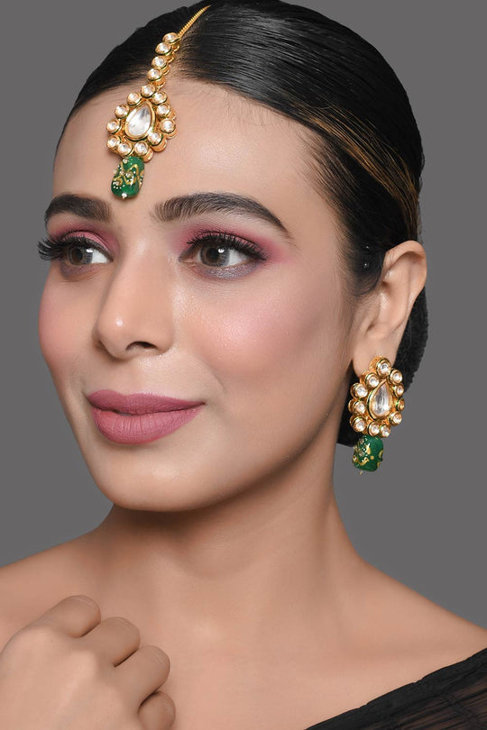 Gold Toned Green Beaded Kundan Earring & Mang Tikka Set