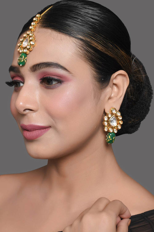 Gold Toned Green Beaded Kundan Earring & Mang Tikka Set