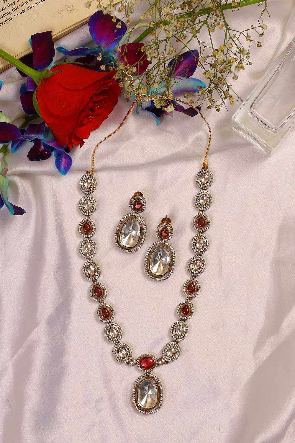 Raina Gold Plated Ruby Pink Moissanite Polki Necklace Set