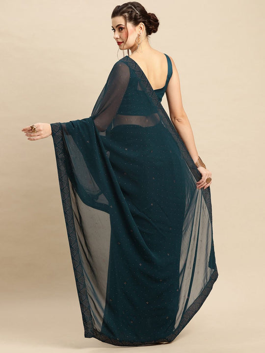 Zohra Teal Georgette Mukaish Solid Saree