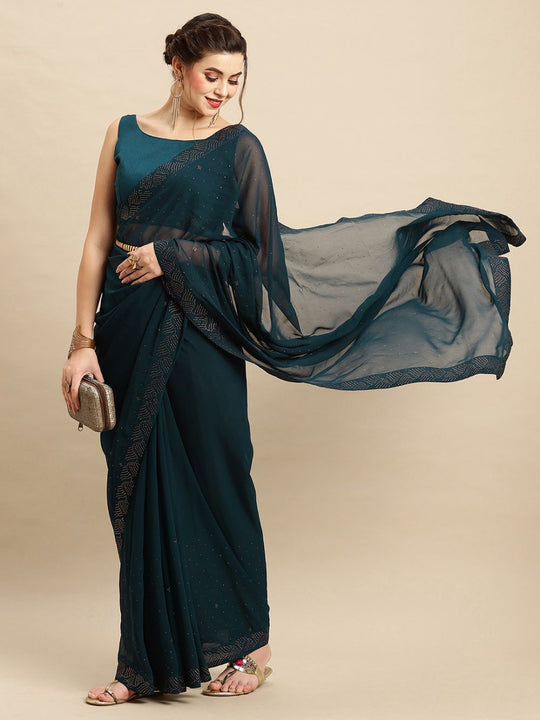Zohra Teal Georgette Mukaish Solid Saree