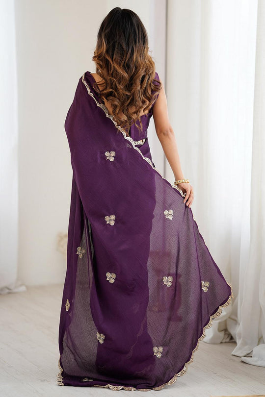 Gracie Purple Chinon Embroidered Ready to Wear Saree