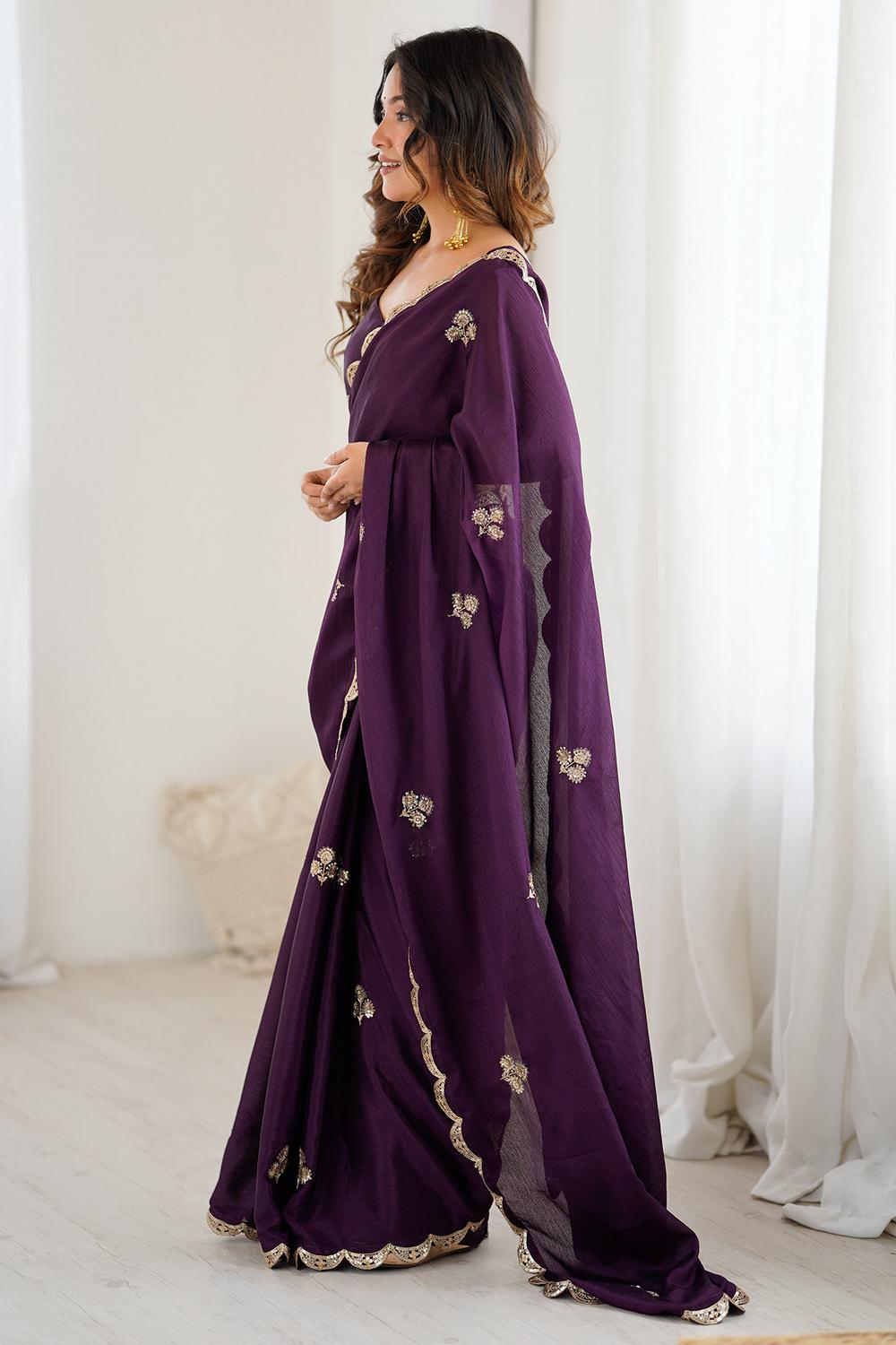 Gracie Purple Chinon Embroidered Ready to Wear Saree