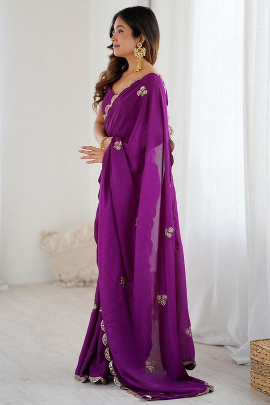 Gracie Purple Chinon Embroidered Ready to Wear Saree