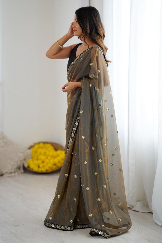 Angelina Olive Net Sequin Embellished Ready to Wear Saree