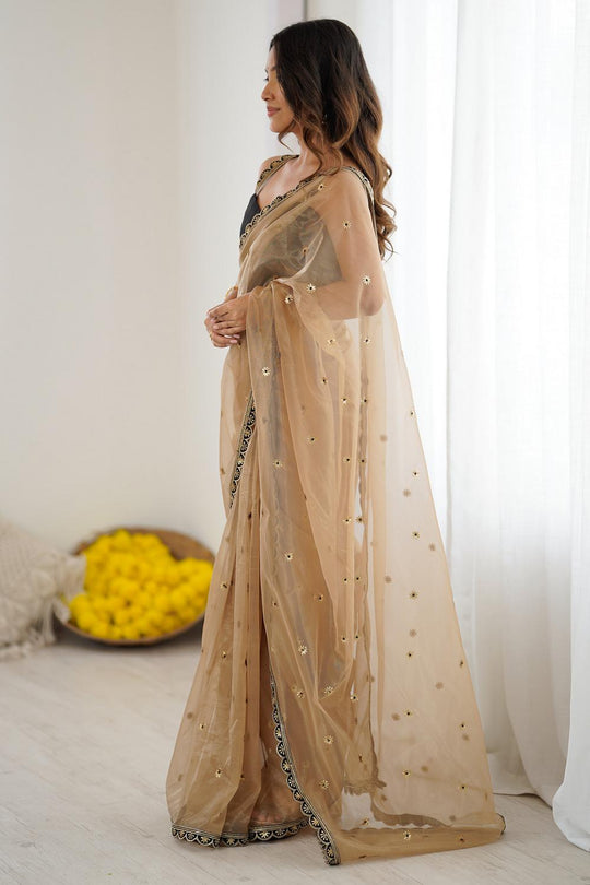 Angelina Beige Net Sequin Embellished Ready to Wear Saree