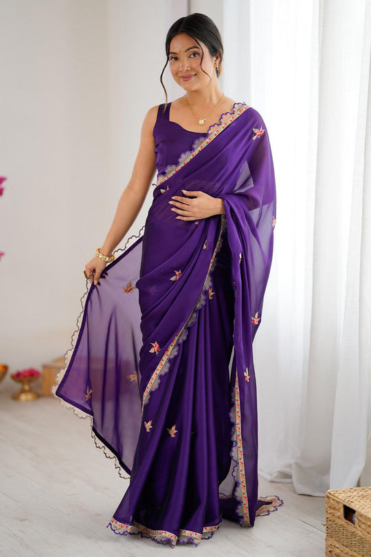 Lavina Deep Purple Georgette Embellished Designer Ready to Wear Saree