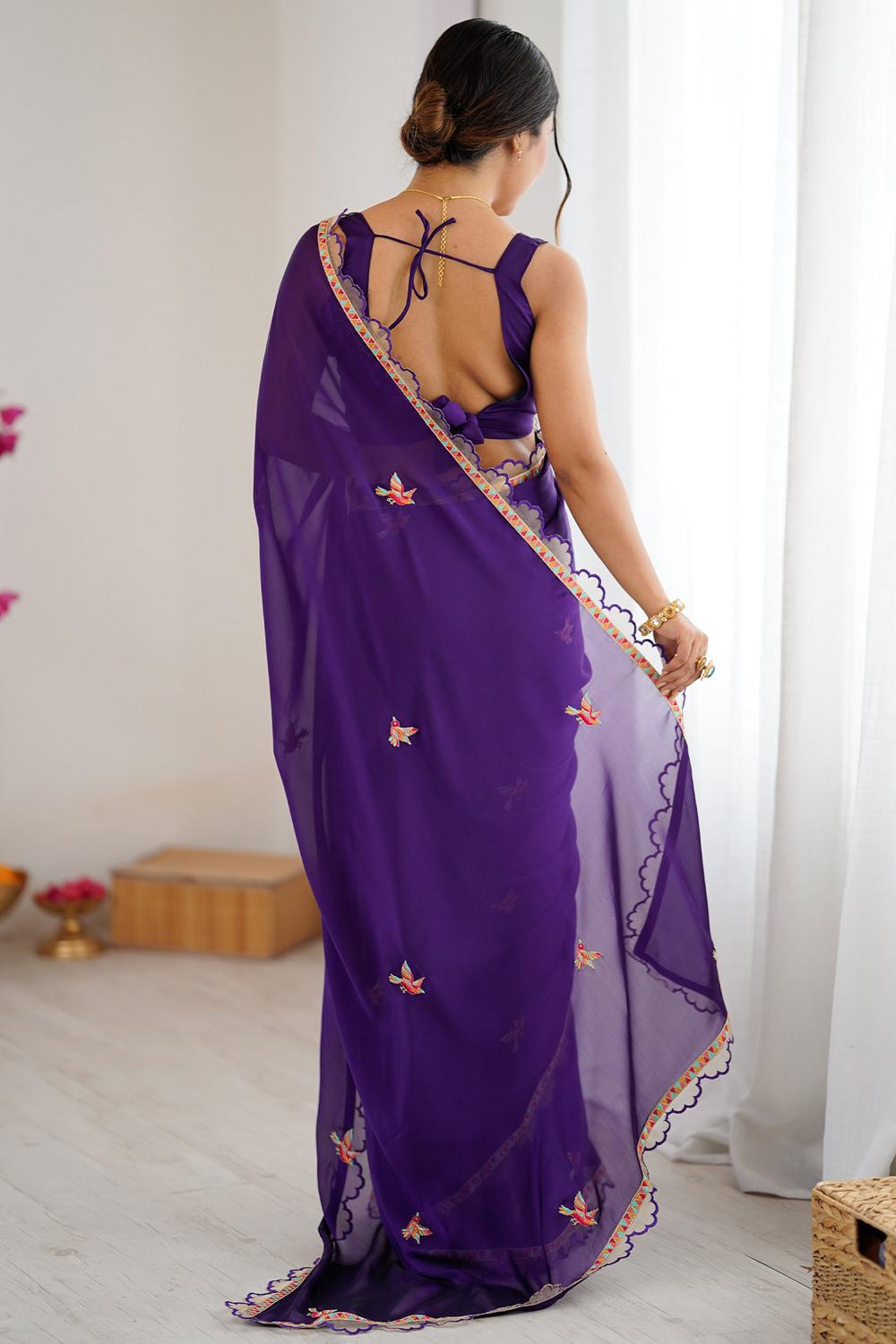 Lavina Deep Purple Georgette Embellished Designer Ready to Wear Saree