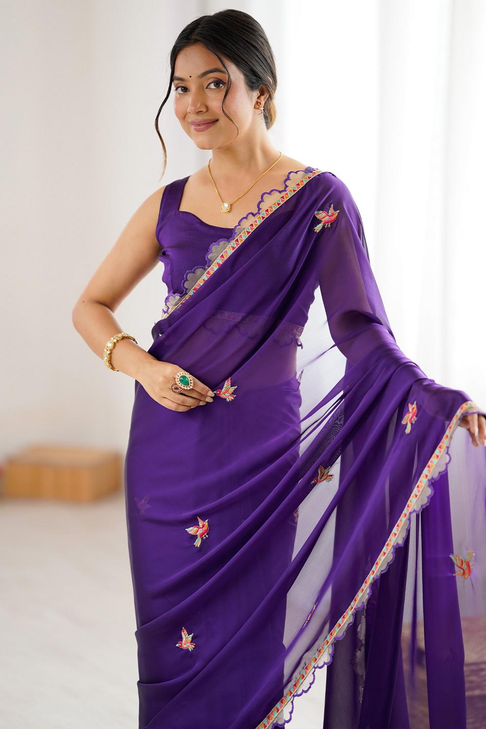 Lavina Deep Purple Georgette Embellished Designer Ready to Wear Saree