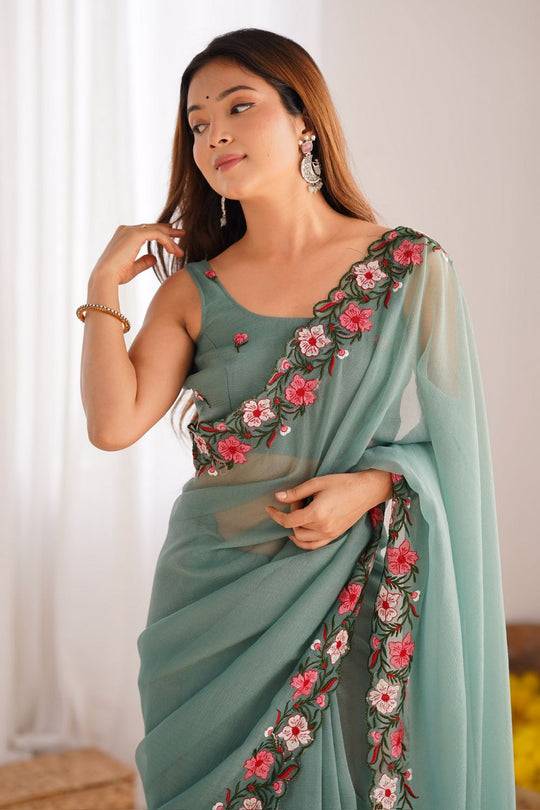 Lena Sage Green Tissue Saree with Floral Embroidered Border Ready to Wear One Minute Saree