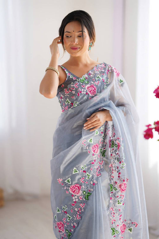 Trina Grey Twill Net Floral Embroidered Border Ready to Wear One Minute Saree