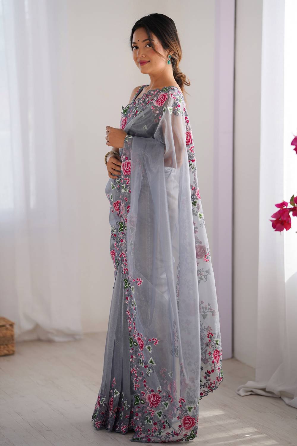 Trina Grey Twill Net Floral Embroidered Border Ready to Wear One Minute Saree