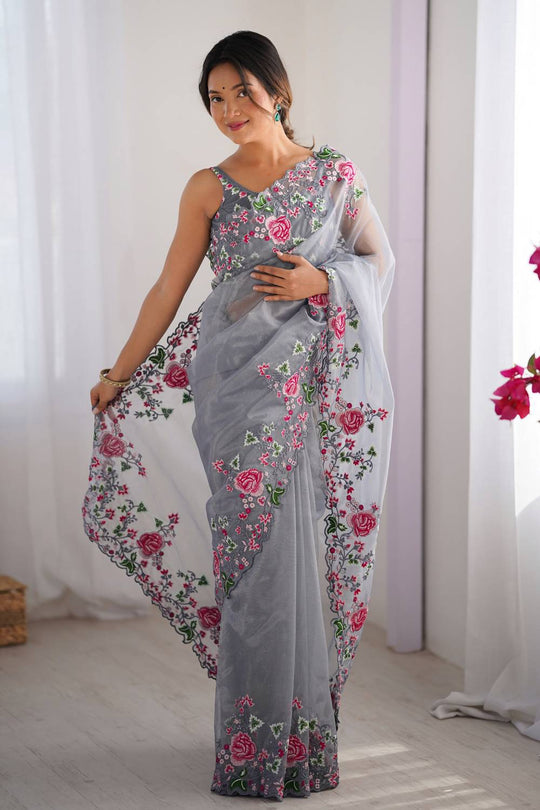 Trina Grey Twill Net Floral Embroidered Border Ready to Wear One Minute Saree