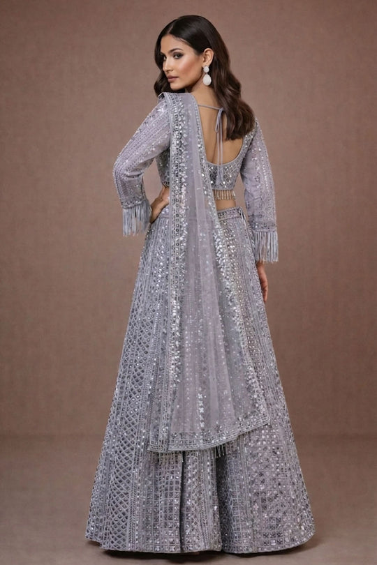 Lara Grey Net Embellished Ready To Wear Lehenga Saree