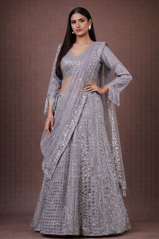 Lara Grey Net Embellished Ready To Wear Lehenga Saree