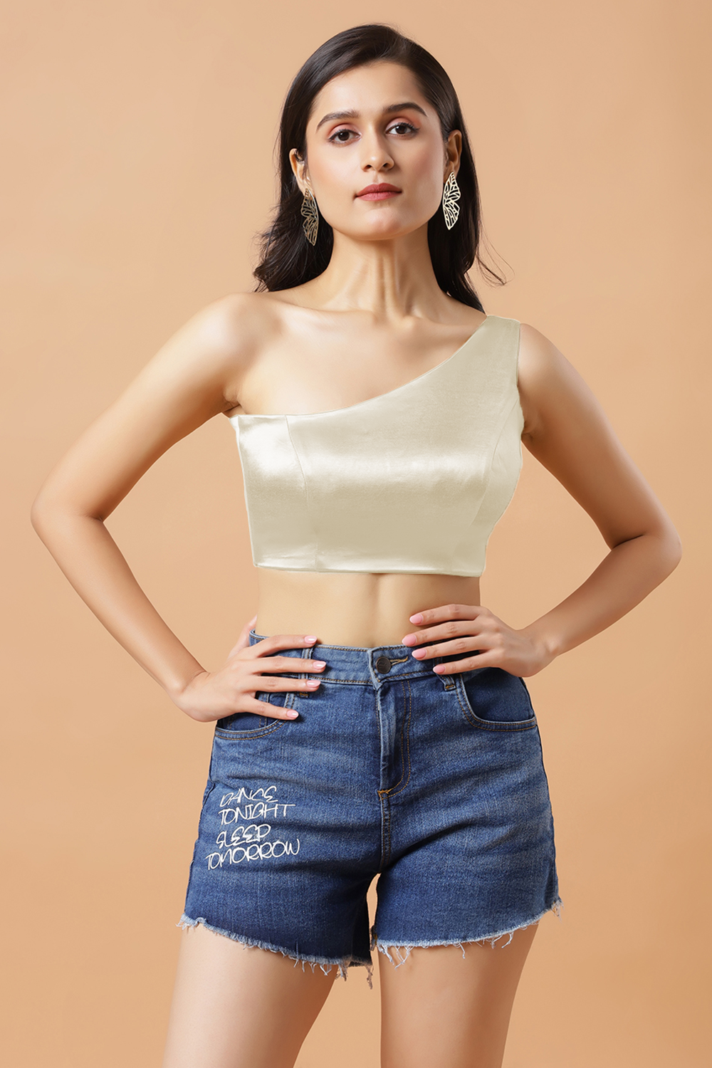 Giana Off White One Shoulder Satin Stretch Blouse